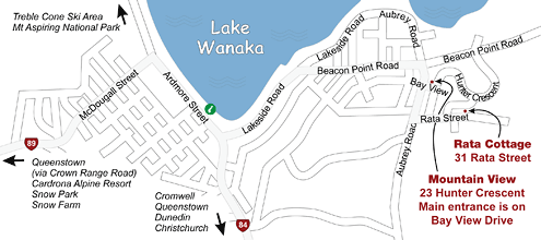 Map showing location of Rata Cottage in Wanaka New Zealand